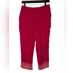 Women's Deane & White Red Cropped Linen Pants with White Embroidery, Size 6